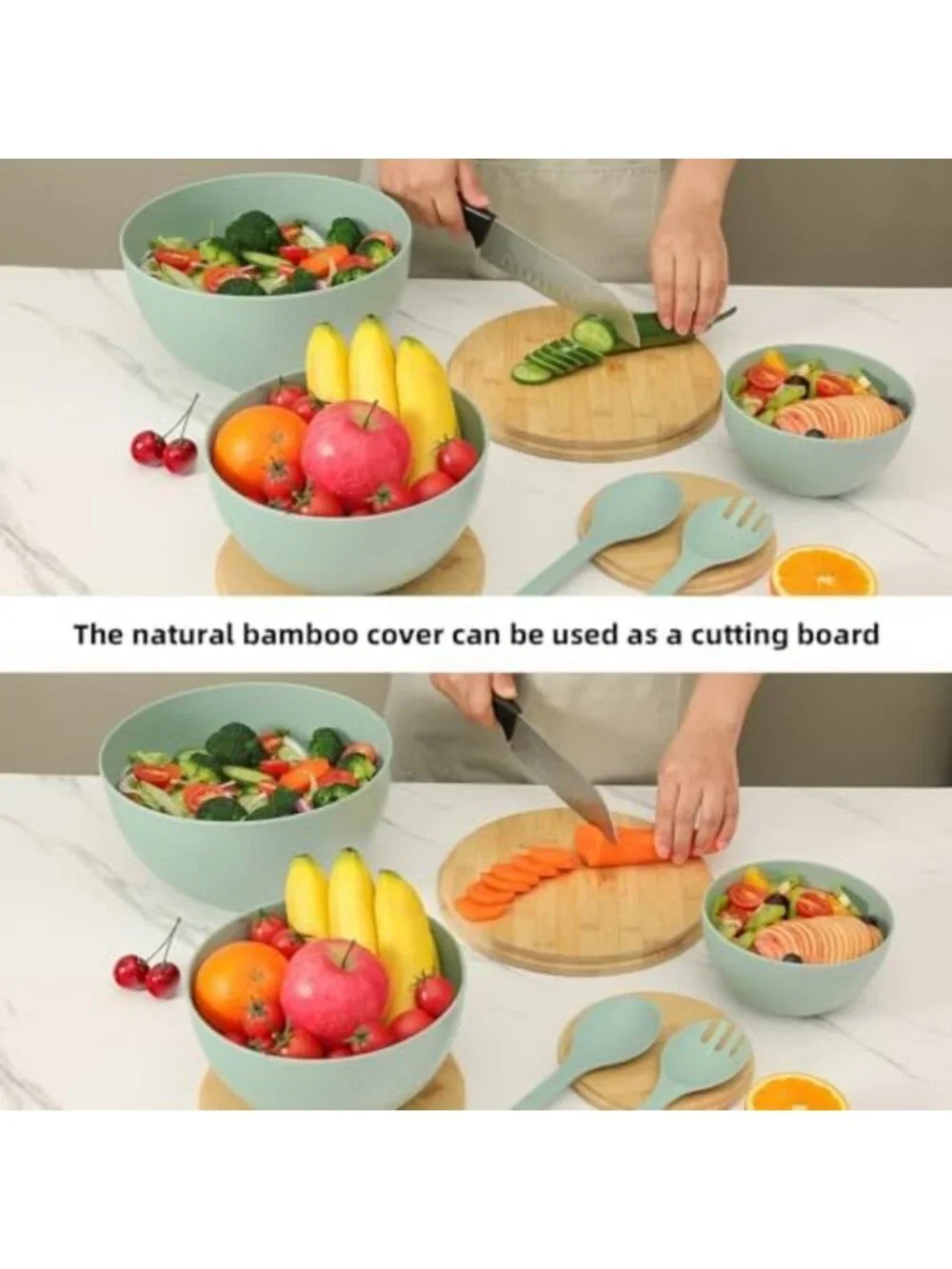 Set of 3 Large Bamboo Fiber Salad Bowls with Lids & Utensils - Perfect for